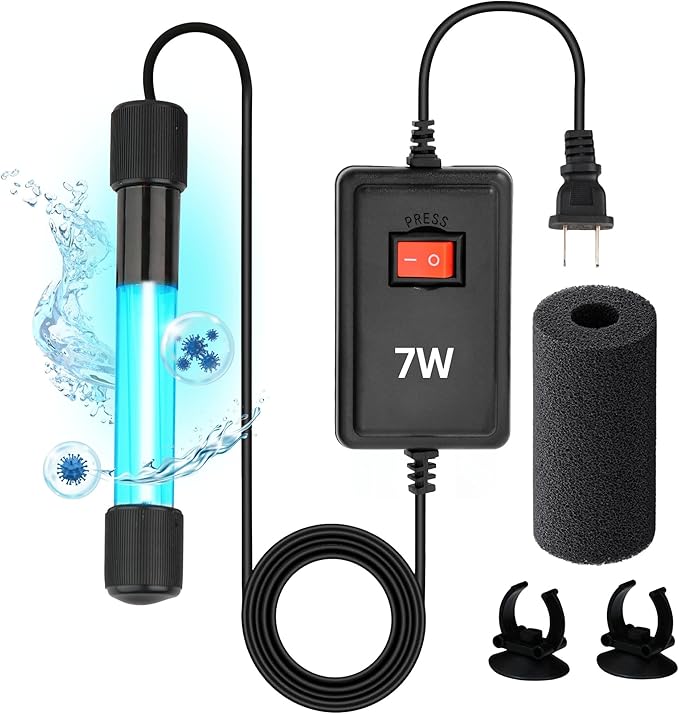 7W UV Sterilizer for Aquarium– UV-C Clean Light with a 9.84 ft Cord for Use in Filters, Sumps and Small Ponds| Clears Green Water, Removes Cloudiness, & Promotes a Healthy Clear Tank for Fish & Plants