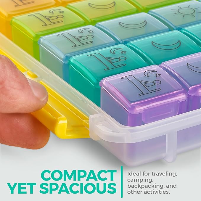 Weekly Pill Organizer - Portable 4 Times-A-Day - Water Moisture-Proof AM/PM Pill Case, Colorful 7 Day Medicine Holder Pill Box with Labels for Prescriptions, Medications, Vitamins, and Supplements