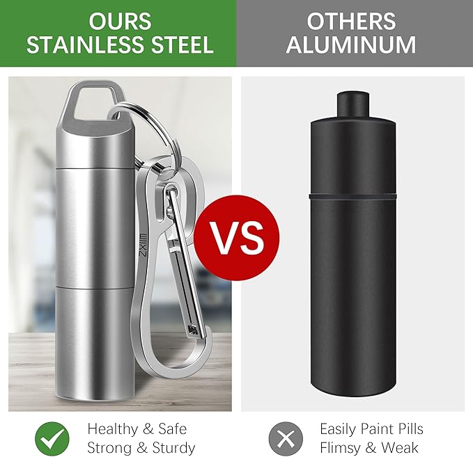 Small Pill Holder Keychain(2 Compartments Design), Portable Metal Pill Case Waterproof Pill Box Container Mini Stainless Steel Pill Organizer for Travel Purse Pocket