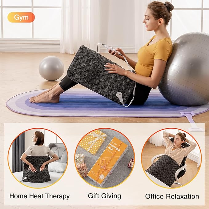 Woomer Faux Fur Electric Heating Pad for Back Pain Relief, Extra Large 20” x 24”, Extended Coverage from Neck to Hip, Two-Sided, Moist Mode, ETL Certified, 6 Adjustable Heats & 2H Auto-Off,Grey