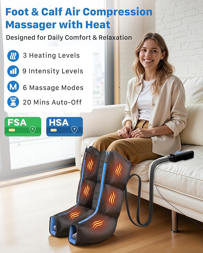 Air Compression Leg Massager with Heat : MUSUGY Sequential Foot and Calf Massager for Circulation and Pain Relief, with 9 Intensity, 6 Modes, 3 Heat - for Mom, Dad, Standing Jobs & Daily Relaxation