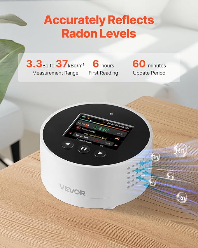 VEVOR Radon Detector for Home, Portable Radon Gas & Air Quality Monitor with LCD Color Display, Visual & Audible Alarms, Long-Term Monitoring, Battery Operated or Wired Use