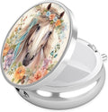 Watercolor Horse Flower Pill Case, Pill Box 3 Compartments Metal Small Pill Holder with Mirror Mini Travel Pill Container for Purse Pocket Women Men