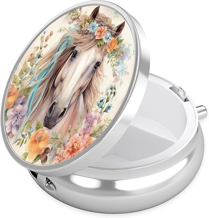 Watercolor Horse Flower Pill Case, Pill Box 3 Compartments Metal Small Pill Holder with Mirror Mini Travel Pill Container for Purse Pocket Women Men