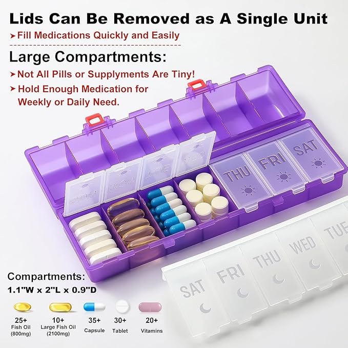 Foldable Pill Organizer 2 Times a Day w/Etched Labels -Dual Protection & Portable Weekly AM PM Pill Box, 7 Day Medicine Container, Large Travel Pill Case for Daily Supplement Vitamin -Clear Purple