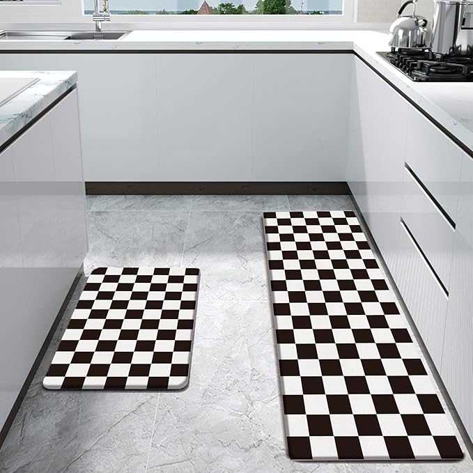 Bulijojo Buffalo Plaid Anti Fatigue Kitchen Floor Mats Set of 2 Waterproof Kitchen Sink Runner Rug Standing Mat Cushioned Kitchen Rugs Comfort Doormat 17"x47"+17"x30" Black