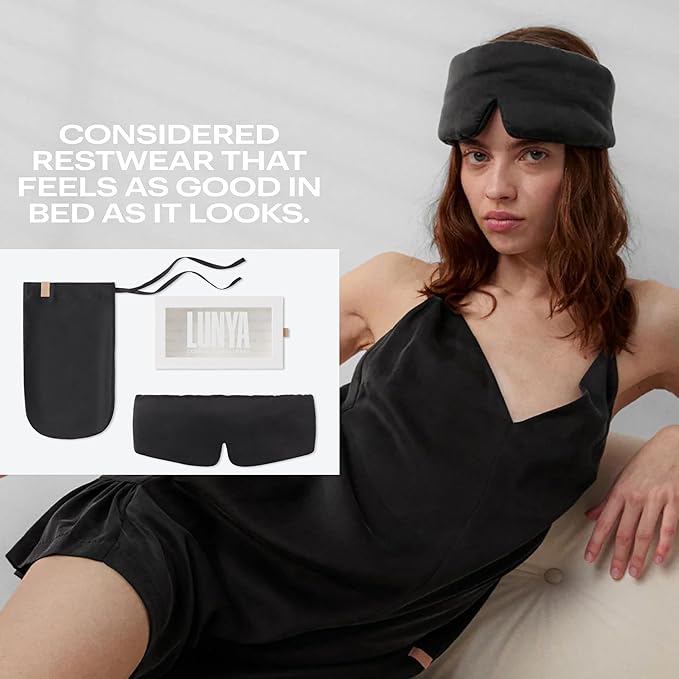 Lunya Washable Silk Sleeping Mask - Thermoregulating Mulberry Silk, Light Blocking and Comfortable Fit – Sleep Mask for Women and Men with Box - Immersed Black - Small