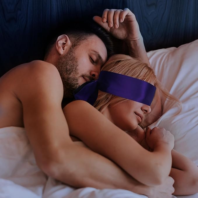 FRESHME Satin Eye Mask - Soft Sleep Mask Adjustable Eye Cover Blindfold for Night Meditation Travel Nap Sleep Eye Mask for Women Men Side Sleeper Valentine's Day Gift Black and Deep Purple 160cm/63in