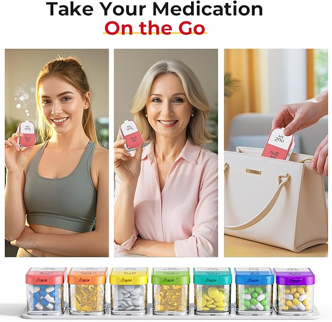 Odaro Extra Large Weekly Pill Organizer, XL Pill Box 7 Day AM PM, Jumbo Medicine Organizer 2 Times A Day to Hold Daily Medicine, Vitamins, and Supplements, Rainbow & Cyan/White (Set of Two)