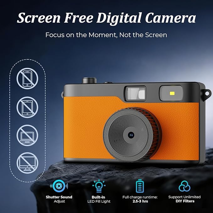Screen Free Digital Camera, Reusable 12MP Vintage Digital Camera with Unlimited DIY Filters, OTG Support and Flash Light for Summer Camp with 32GB Micro SD Card, OTG Adapter and Type-C Cable（Orange）