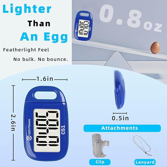 OZO Fitness Clip-on 3D Pedometer for Walking Steps Counter with Lanyard, Simple Exercise Tracker for Women and Seniors with Large Accurate Digital Display, Portable Minimalist Sports Monitor