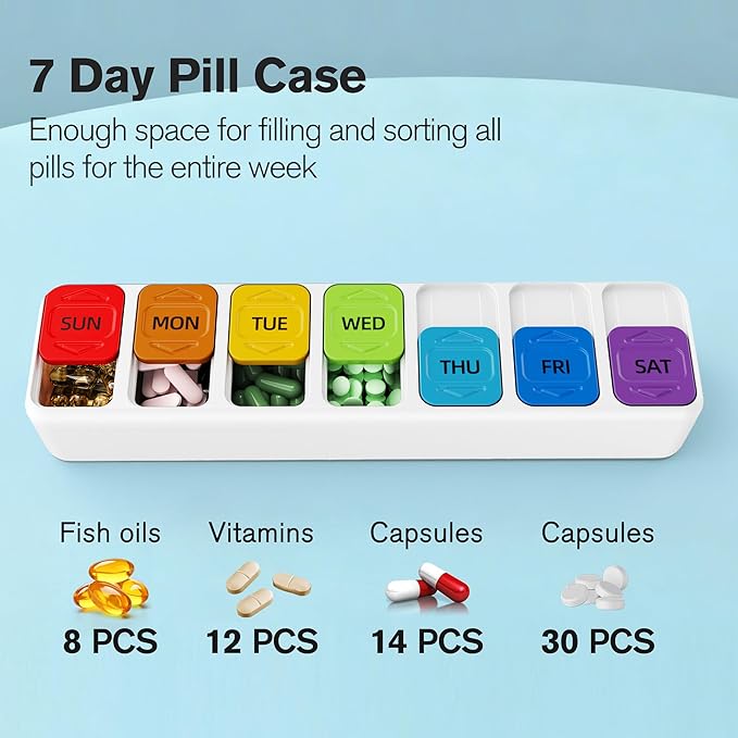 Restree Weekly Pill Organizer Once a Day, Daily Medicine Organizer with Slide-Lid, 7 Day Portable Travel Pill case, Vitamin & Supplement Organizer (White)