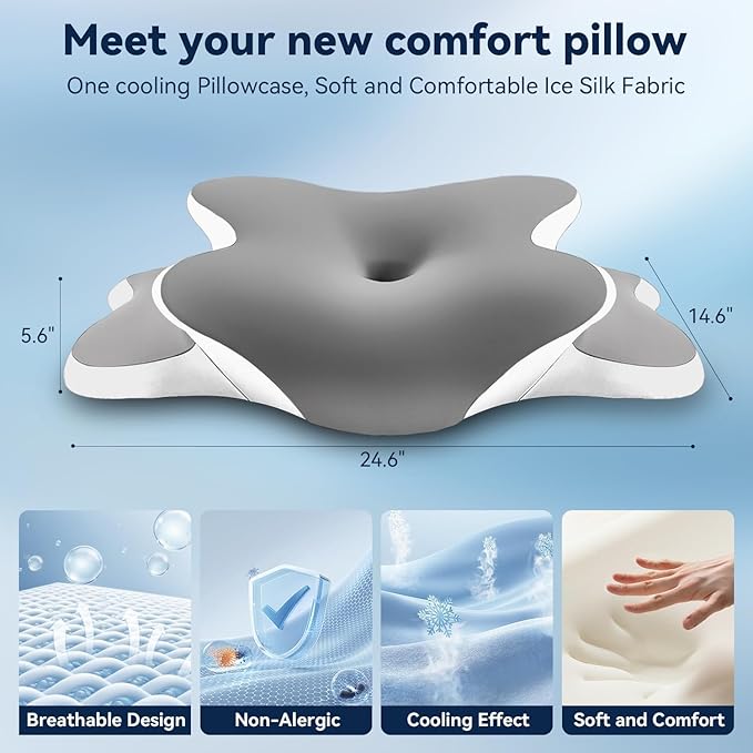 Sleep Apnea Pillow with Neck Pain & Snoring Relief -Orthopedic Cervical Pillow, Ergonomic Contour Memory Foam for Side, Back,Stomach Sleepers, Medium Firm (Grey, Queen Size 25" Lx15 Wx5.8 H)