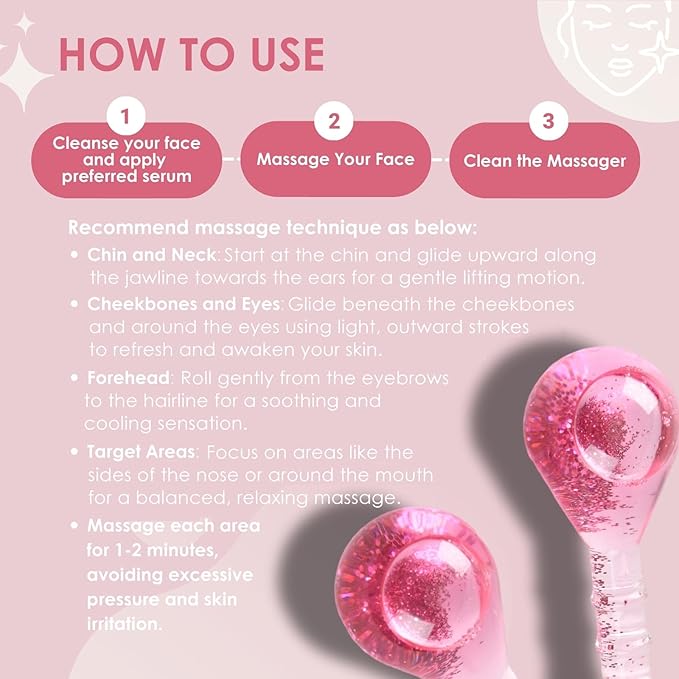 Ice Globes Facial Cooling Tools, Cryo Beauty Balls with Anti-Slip Handle for Face, Eyes & Neck, Soothing Cold Massage Tool for Relaxing & Refreshing Skincare Routine, Glitter Pink