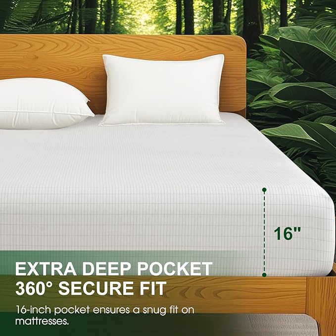 Ivellow Grounding Sheets Queen 10% Pure Silver Fiber 90% Organic Cotton Fitted Sheet Queen Size 16” Deep Pocket Soft Grounded Sheets Earth Connected Bedding White Fitted Bed Sheet with Grounding Cord