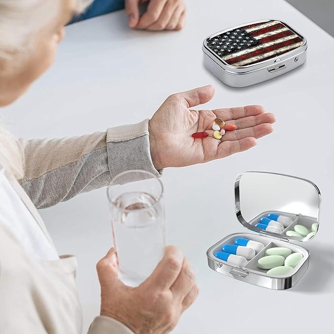 Pill Box-2 Compartment Small Pill Case Square Organizer Case with Mirror Portable Metal Medicine Box Travel Container for Pocket & Purse Women Men(Vintage American Flag)