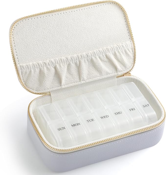 Genuine Leather Travel Pill Organizer Box Case 2 Times a Day for Purse for Women, Cute Medicine Pill Holder Containers for Vitamin Medium Weekly Daily 7 Day Am Pm Pill Organizer(Purple)