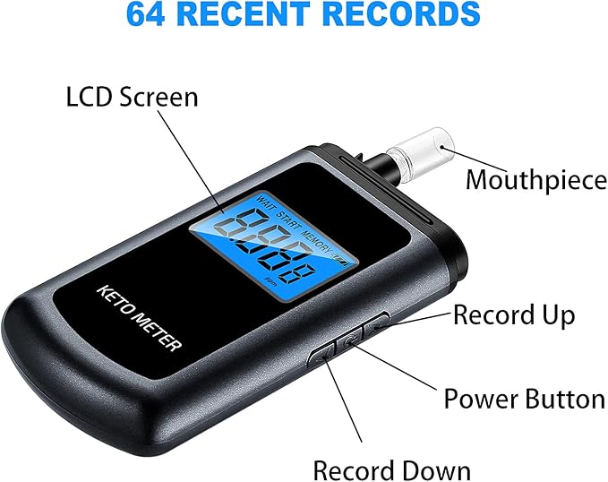 Breath Ketosis Meter Professional-Grade Ketone Breath Tester Portable Rechargeable Ketosis Breath Analyzer for Ketogenic Testing with 10 Reusable Mouthpiece