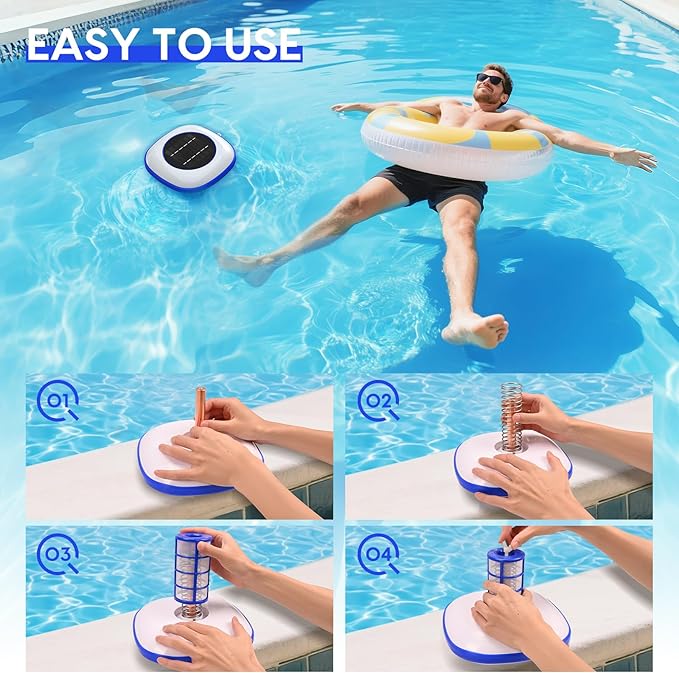 Solar Pool Ionizer Floating Water Cleaner, 85% Less Chlorine, Keeps Pool Water Crystal Clear for Fresh and Salt Water Pools Spas, Reusable
