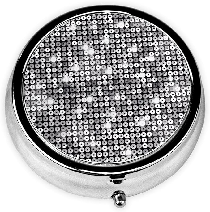 Silver Sequin Sparkle Pattern Printed Round Travel Pill Box Cute Small Metal Pocket Pill Case for Men & Women 3 Compartment Portable Pill Organizer for Purse or Pocket