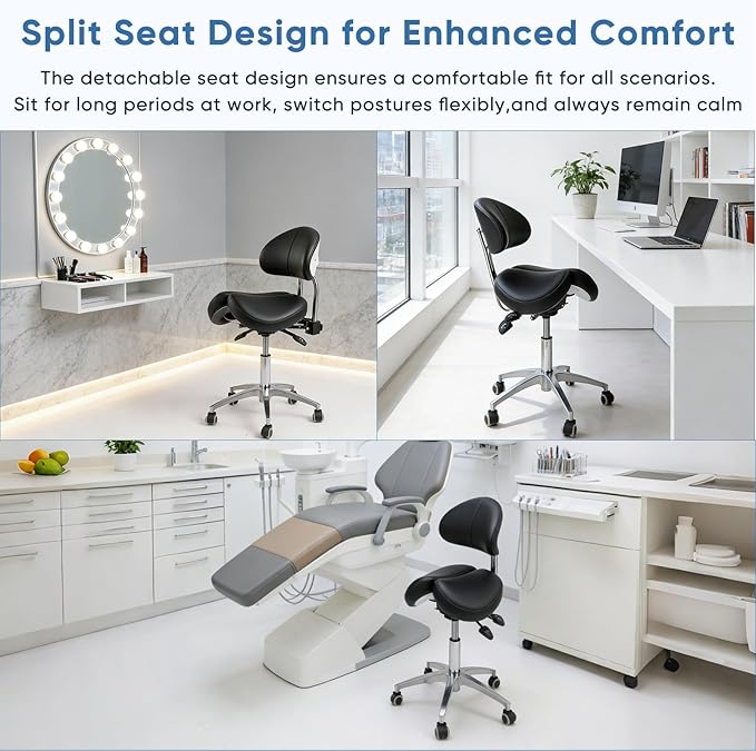 Saddle Stool with Wheels,Rolling Stool with Back Support&Split Seats,Ergonomic Stool Saddle Stool for Hair Stylist for Dentist Salon Tattoo(Black with Split Seats)