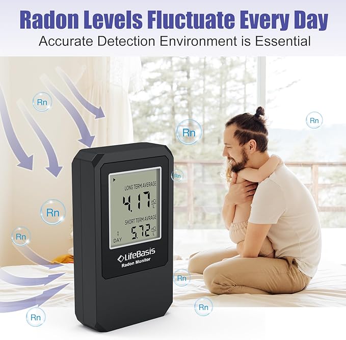 LifeBasis Radon Detector, Radon Test for Home with Long and Short Term Radon Meter, Home Radon Gas Monitor US Version-pCi/L (Update Version, Matte Black)