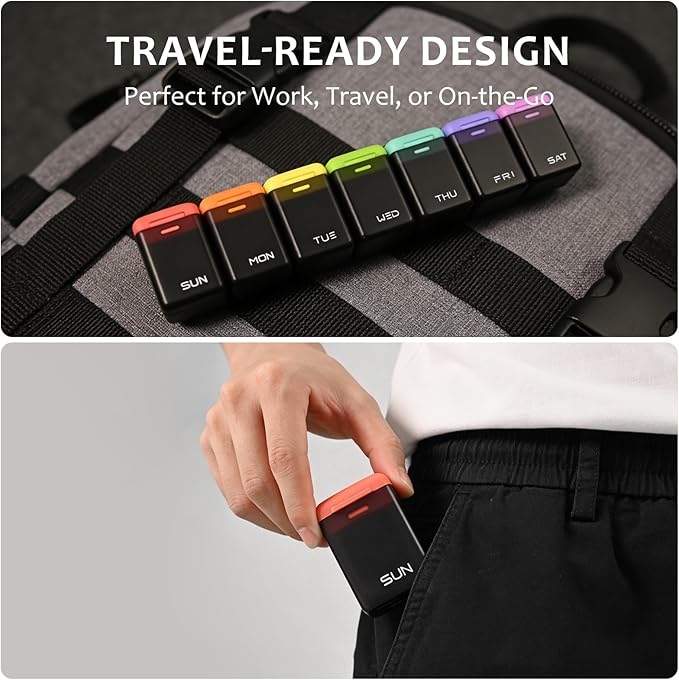 Fridge Magnetic Weekly Pill Organizer, Easy Open Daily Reminder Waterproof Pill Box for Vitamins, Travel & Daily Use (Black)
