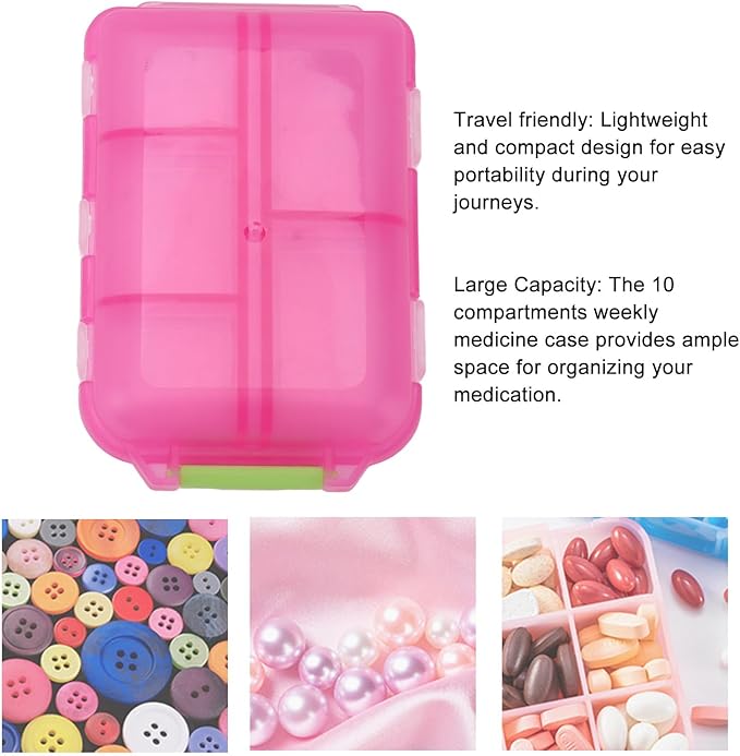 Travel Pill Organizer, Plastic 10 Compartments Pill Case Portable Pill Box Buckle Lock Weekly Portable Pill Holder Container for Purse (Rose Red)