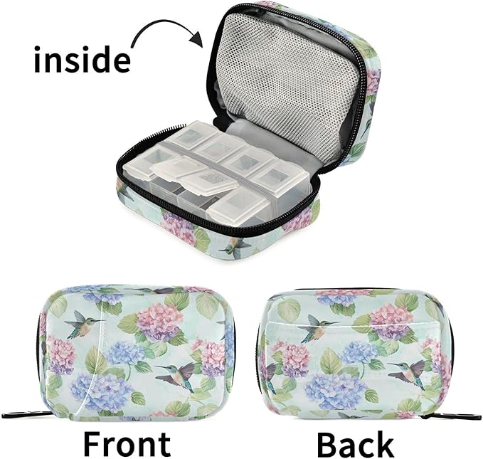 Fustylead Cute Hummingbirds and Hydrangea Floral Pill Organizer for Purse, Weekly Portable Pill Box with Zipper to Storage Vitamins Fish Oils Medications Supplements