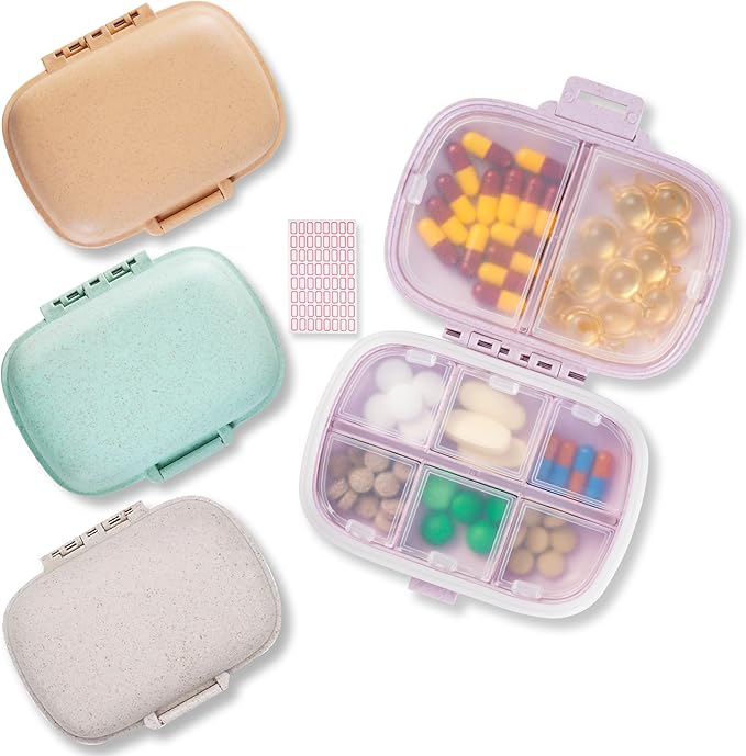 4 Pack Pill Organizer - Travel Pill Box with Label, 8 Compartment Daily Pill Case for Pocket Purse, Medicine Case, Waterproof Portable Pill Supplement Case, Travel Pill Container to Hold Vitamin