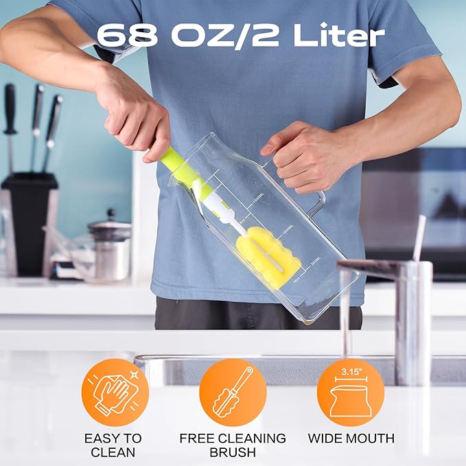 Aofmee 68oz Glass Pitcher for Fridge Door, 2 Liter Square Water Pitcher with Lid and Scale Line, Heat Resistant Tea Pitchers, Leak Proof Juice Jug, Borosilicate Glass Carafe for Hot/Cold Beverage