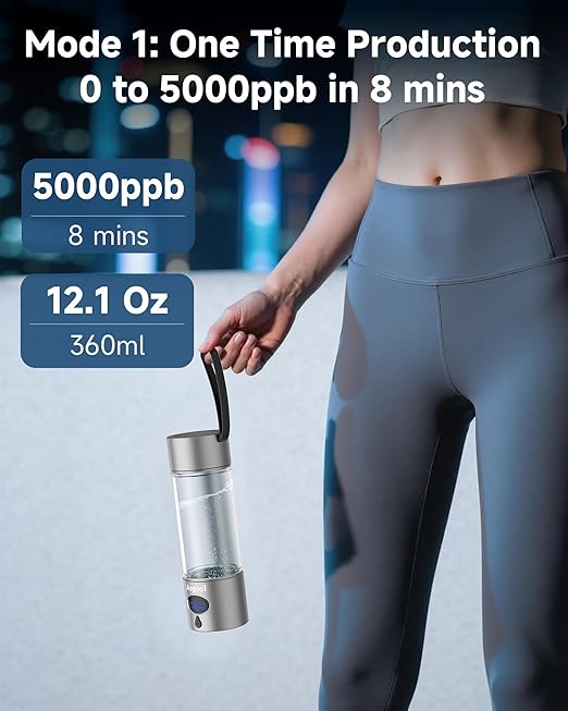 Hydrogen Water Bottle - 5000 PPB in 8 Minutes, Cyclic Mode for 8 Hours, Self Clean, Aluminum & Glass, for Travel Sports Office Home, Gift for Father Mom Family Friends Clients(Grey, 12Oz)
