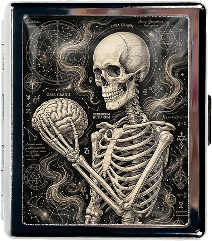 Metal 7 Day Pill Organizer, Cute Small Weekly Pill Case with 8 Compartments for Travel, Moisture-Proof Medicine Holder for Purse, Compact Daily Vitamin Box (Mystic Skeleton)