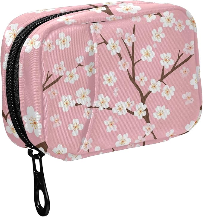Fustylead White Cherry Blossoms on Pink Background Pill Organizer Case with Zipper 2 Times A Day for Vitamin and Supplement, 7 Day Travel Organizer Medicine Case