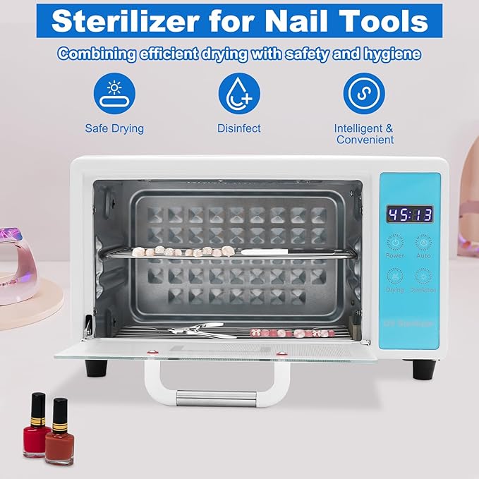 Sterilizer for Nail Tools, 10L Multifunctional Nail Tool Cleaning Machine, Nail Tool Sterilizer with 167℉ Hot Air, Adjustable Tiers, LED Display, For Hair, Salon, Spa, Nail, Salon (Blue)