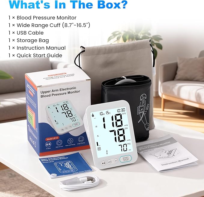 Blood Pressure Monitor Upper Arm BP Machine for Home Use Accurate Large Adjustable 8.7"-16.5" Cuff LCD Backlit Display with Carrying Bag, White
