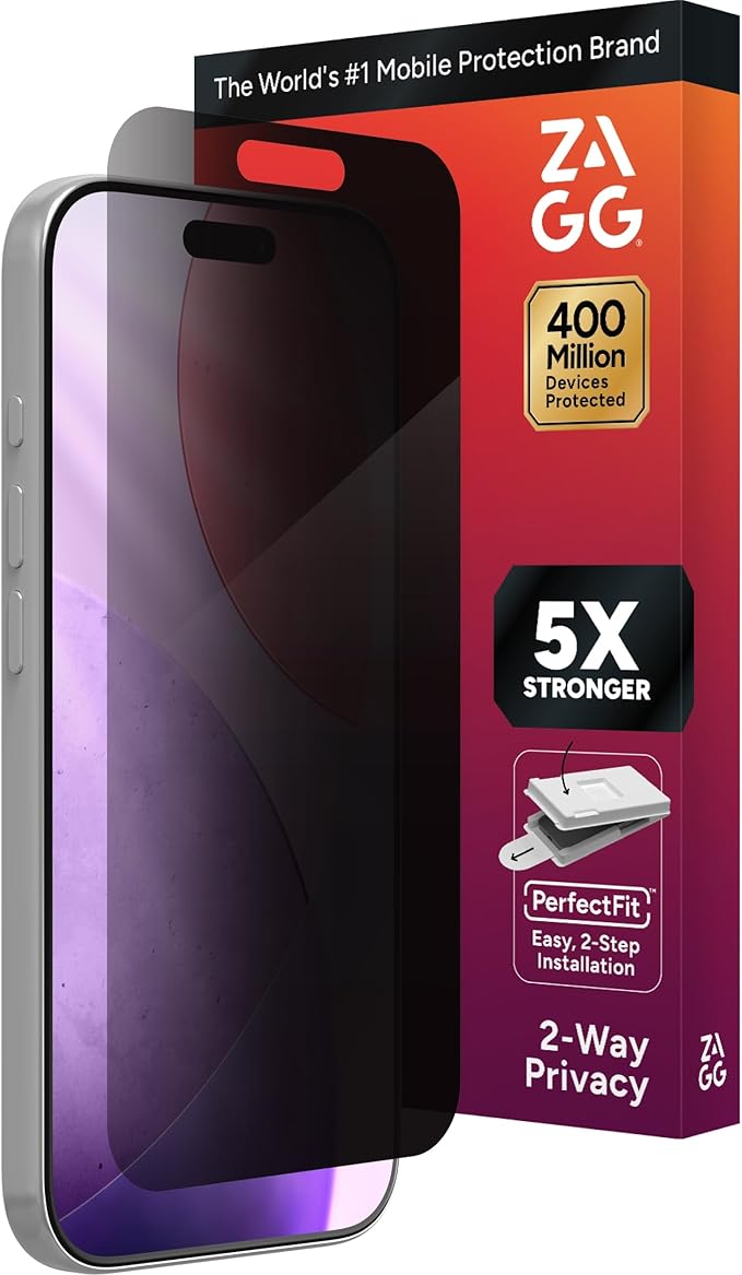 ZAGG Glass Elite Privacy Screen Protector for iPhone 17 Pro - 2-Way Privacy Filter, 5X Stronger, Fingerprint-Resistant, InvisibleShield, Easy Two-Step Installation