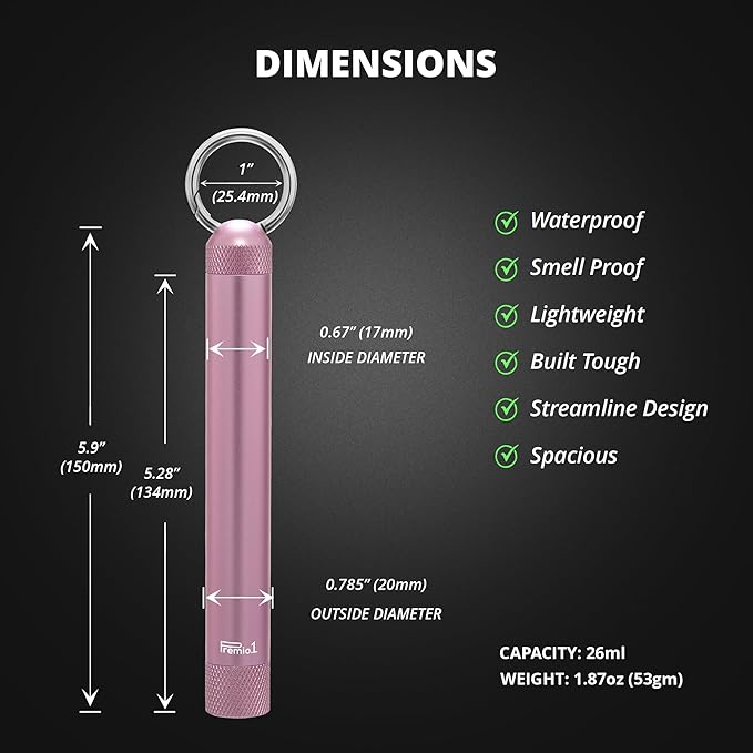 King Size 6” Storage Tube, Odor Locking Smell Proof, Waterproof Container, Medication Pills Supplements etc… Holds up to 134mm Length, Outdoor EDC Metal Travel Holder - Rose Gold