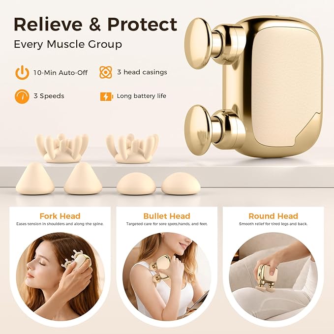 Beyn Mini Massage Gun,Palm-Sized Massage Gun,Powerful Deep Tissue Muscle Massager for Travel,Sports& Daily Use,With 3 Speeds & 3 Massage Heads(Light beige)