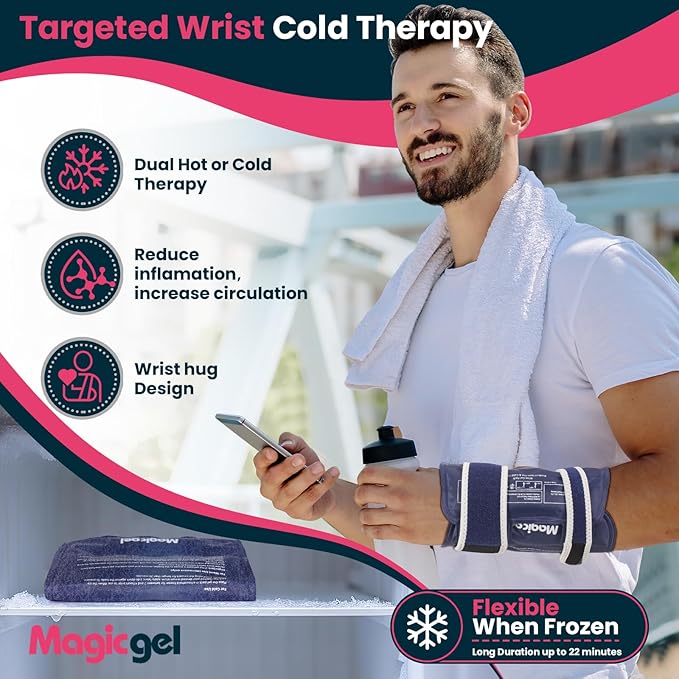Magic Gel Wrist Ice Pack Wrap - Hot or Cold Hand Brace with Gel Pack - Wrist Band Heating or Cooling Compression for Right or Left Hand - Adjustable Straps - Blue