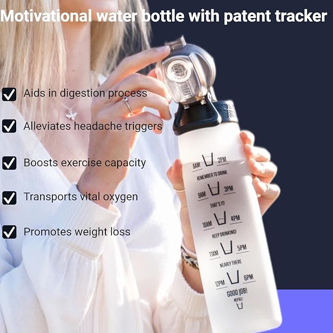 HYDRATEM8 - Active Motivational Sports Water Bottle with Time Markings, BPA Free, Drinks Bottle, 32oz - Frosted