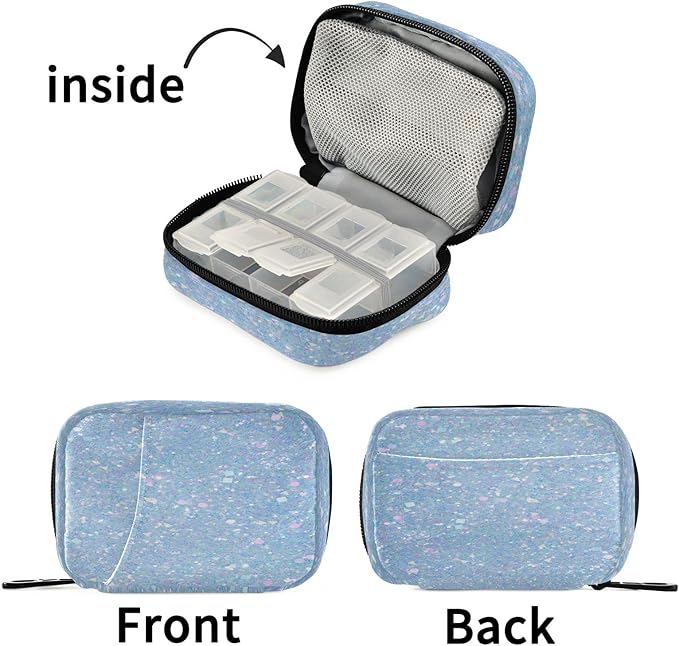 Bright Light Blue Pearl Glitter Pill Organizer Case 7 Day Small Cute Bling Travel Pill Box with Zipper Portable Weekly Vitamin Medicine Supplement Holder Pouch Bag