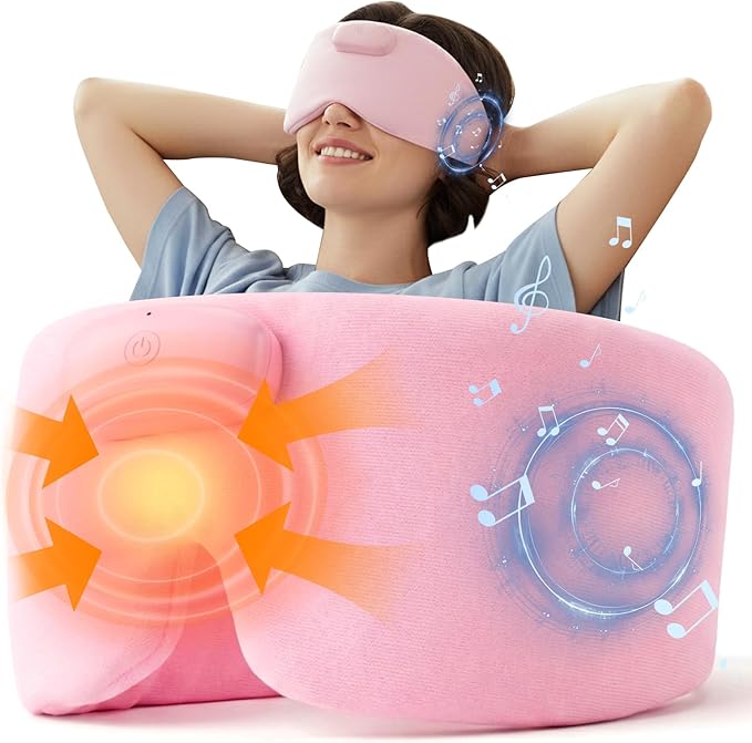 Heated Sleep Mask with Bluetooth Headphones, Cordless Rechargeable Heating Eye Mask with Adjustable Heart Timer Music, Washable Sleeping Mask with Bluetooth Headphones for Dry Eyes (Pink)
