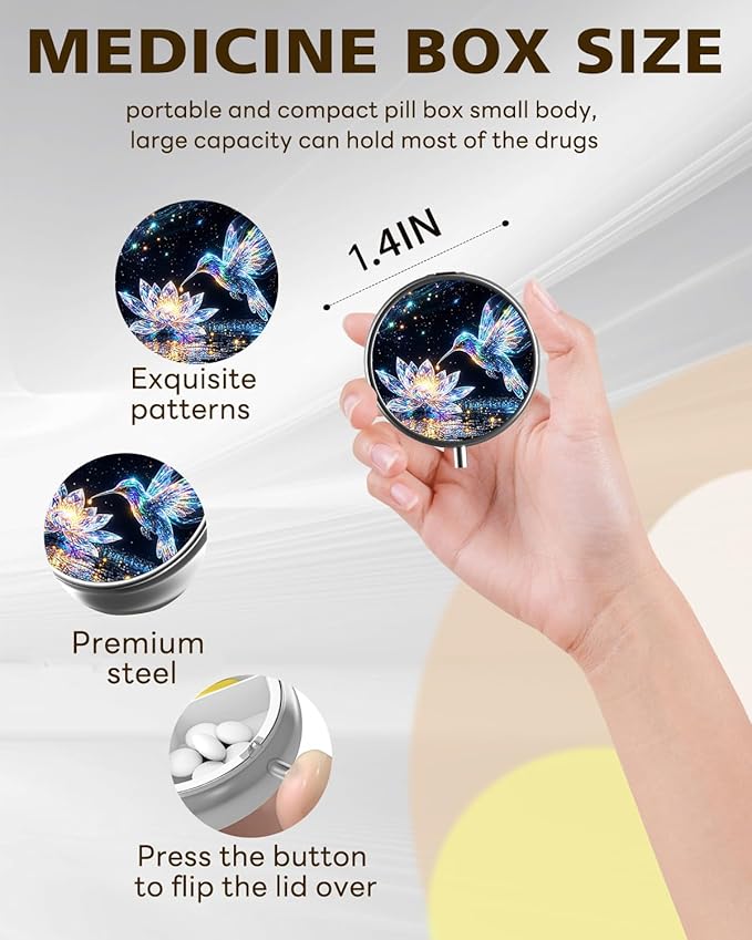 LRITER Pill Case, Portable Travel Pill Box, Pillbox Organizer, Cute Small Medicine Storage Container, Purse Accessories for Women, Men (Lotus Bird)