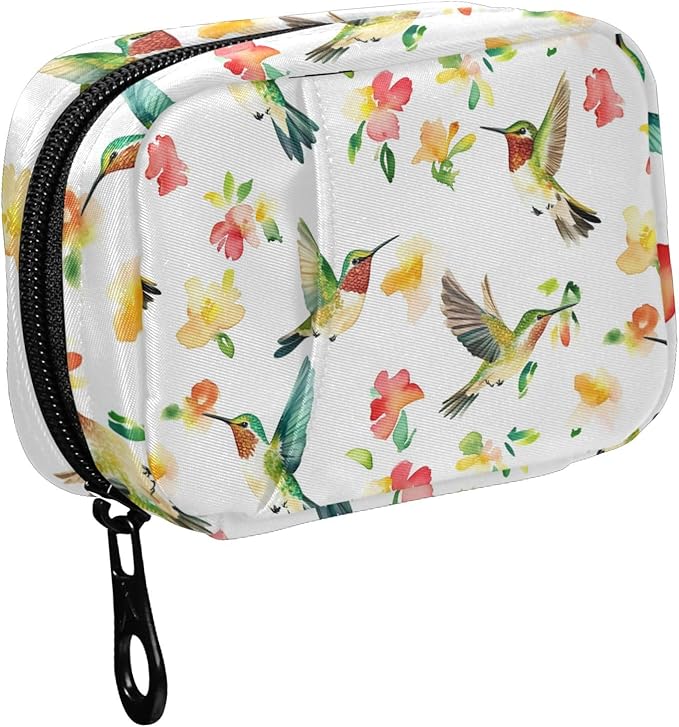 Fustylead Beautiful Hummingbirds and Flower Pill Organizer for Purse, Weekly Portable Pill Box with Zipper to Storage Vitamins Fish Oils Medications Supplements