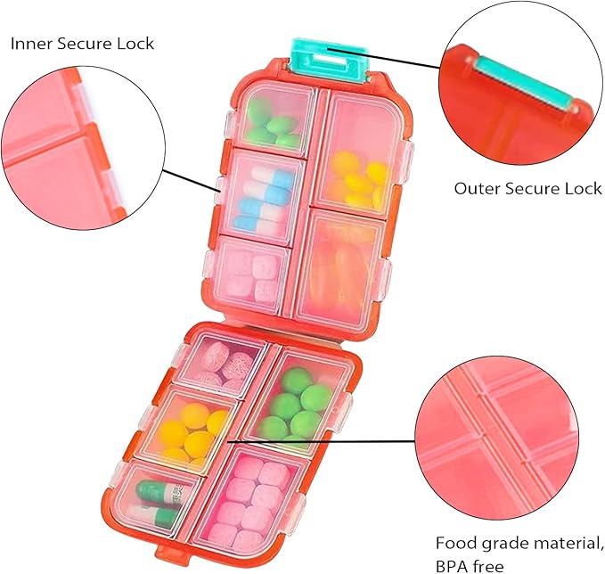Travel Pill Organizer Portable Pocket Pill Case Small Pill Box for Purse Medicine Organizer Have 10 Compartments Storage Vitamin Fish Oil by INVODA (Orange)