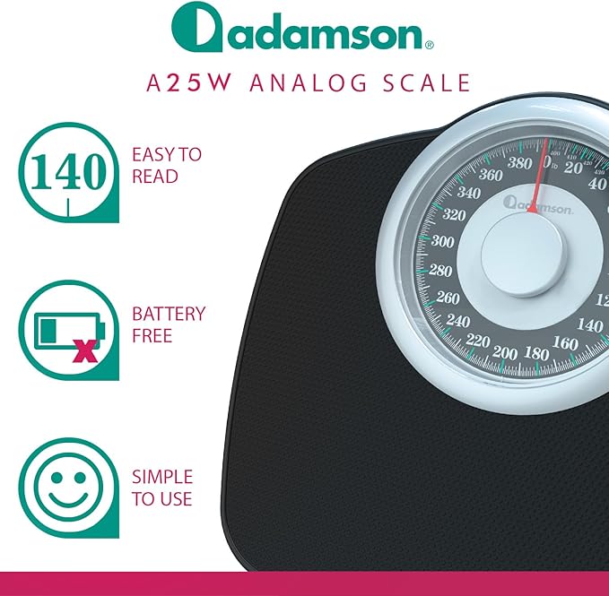 Adamson A25T Scales for Body Weight - Up to 400 LB - 5.3" Dial on 12.4" x 10.2" Platform - Anti-Skid Rubber Surface - High Precision Bathroom Scale Analog - Durable with 20-Year Assurance