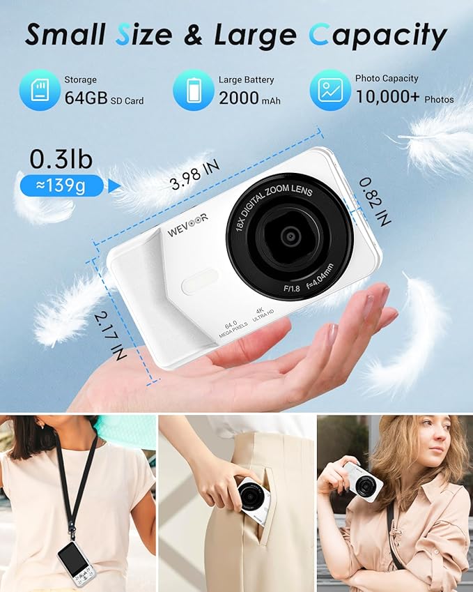 4K Digital Camera, Wevoor 64MP Point and Shoot Digital Camera with Autofocus, 18X Zoom, 20 Filters, 64GB SD Card, 2000 mAh Battery, 2.8" Screen Compact Vlogging Camera for Beginners Teens Adult(White)