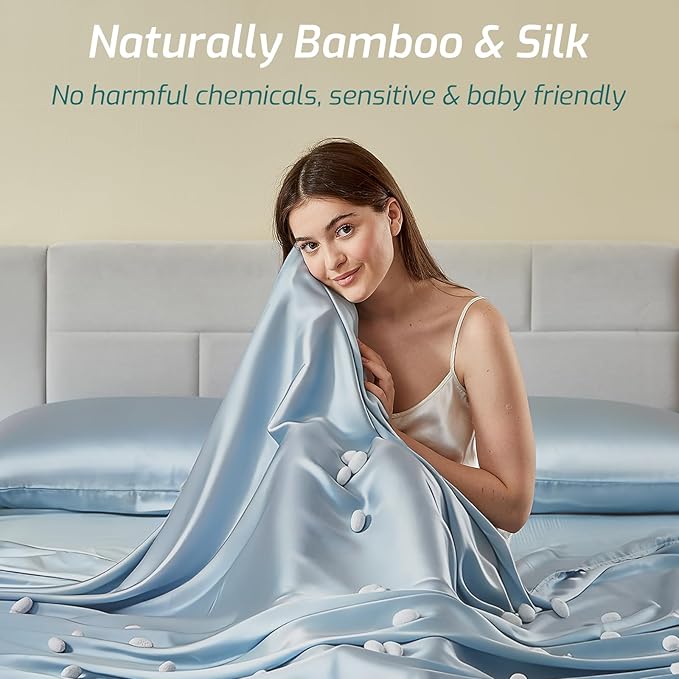 Silver Infused Bed Sheets - 20% Silk Ultra-Soft Temperature-Regulating Fabric with Self-Cleaning That Stays Fresh 3X Longer for Hygienic Sleep (Light Blue, Full)