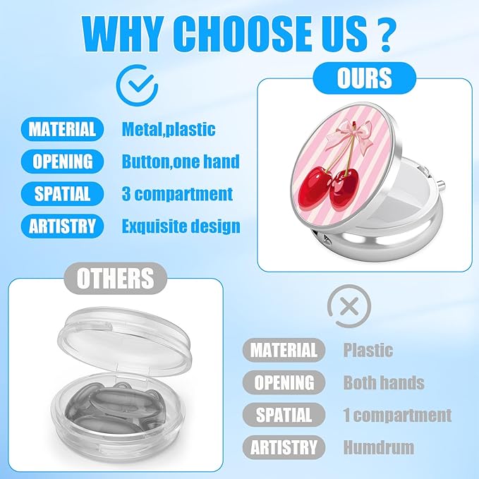 Pink Cherry Bow Pill Case, Pill Box 3 Compartments Metal Small Pill Holder with Mirror Mini Travel Pill Container for Purse Pocket Women Men